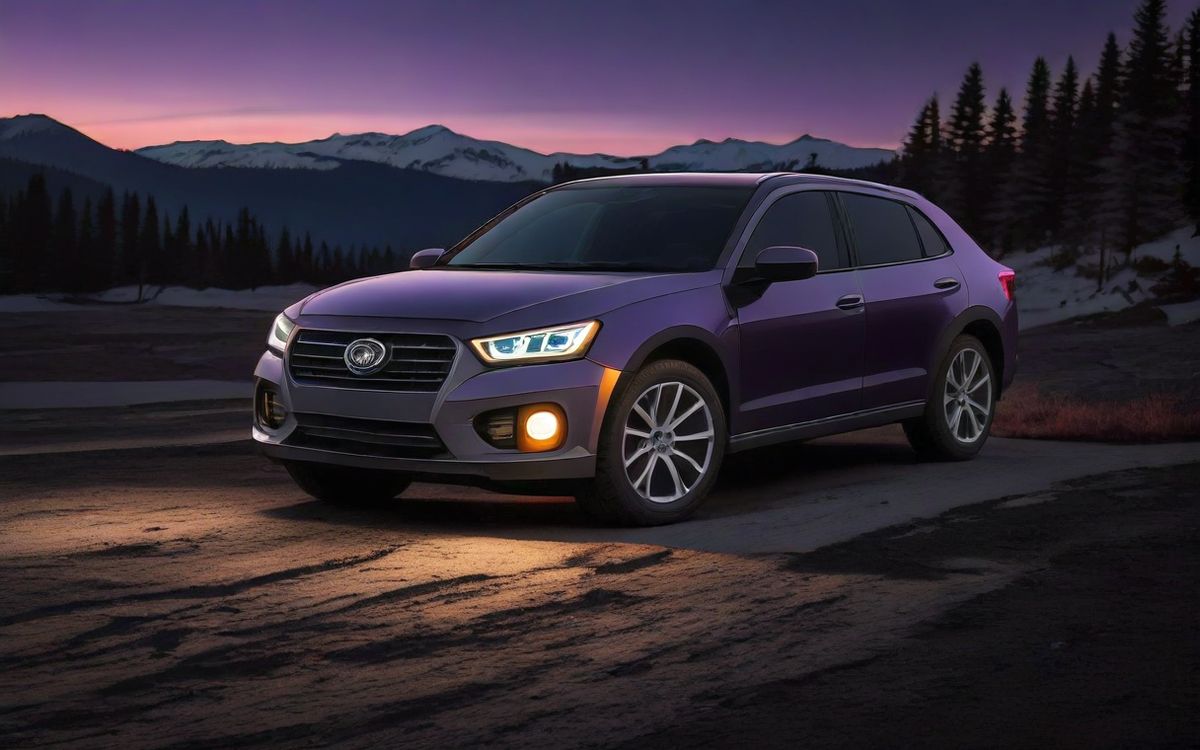 Compact SUV with its headlights on, parked in the mountains at dusk