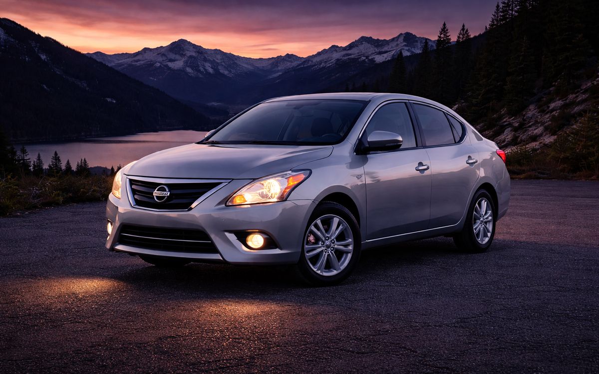 Silver Nissan Versa sedan parked at a mountain lake overlook at sunset