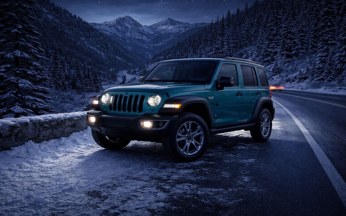 Jeep Wrangler with its headlights on, parked beside a snowy mountain road at dusk