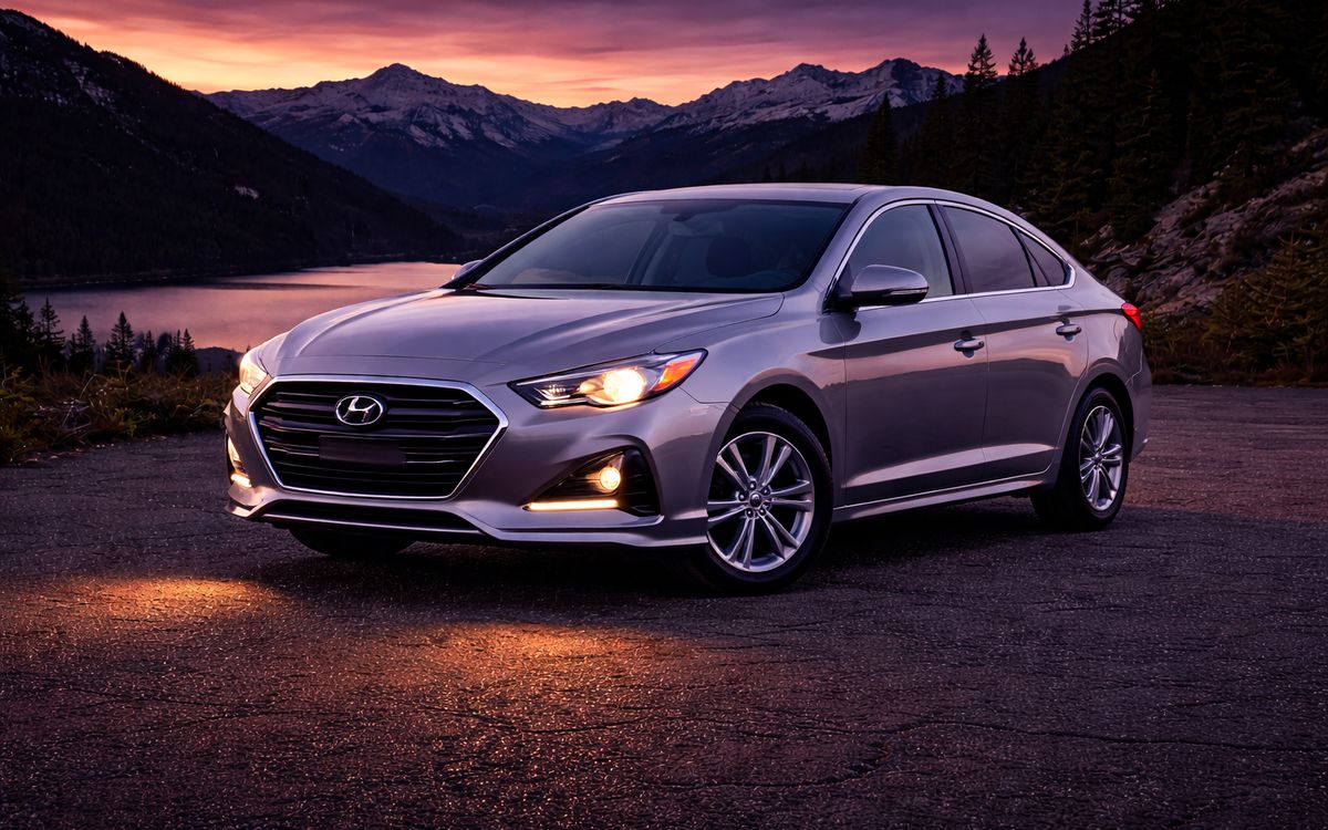 Silver Hyundai Sonata sedan parked at a mountain lake overlook at sunset