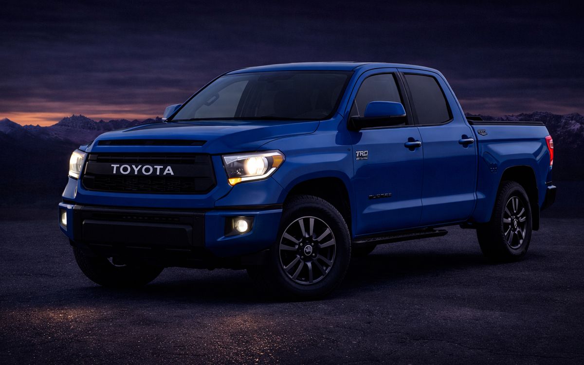 Blue Toyota Tundra pickup truck with its headlights on at dusk, mountains behind