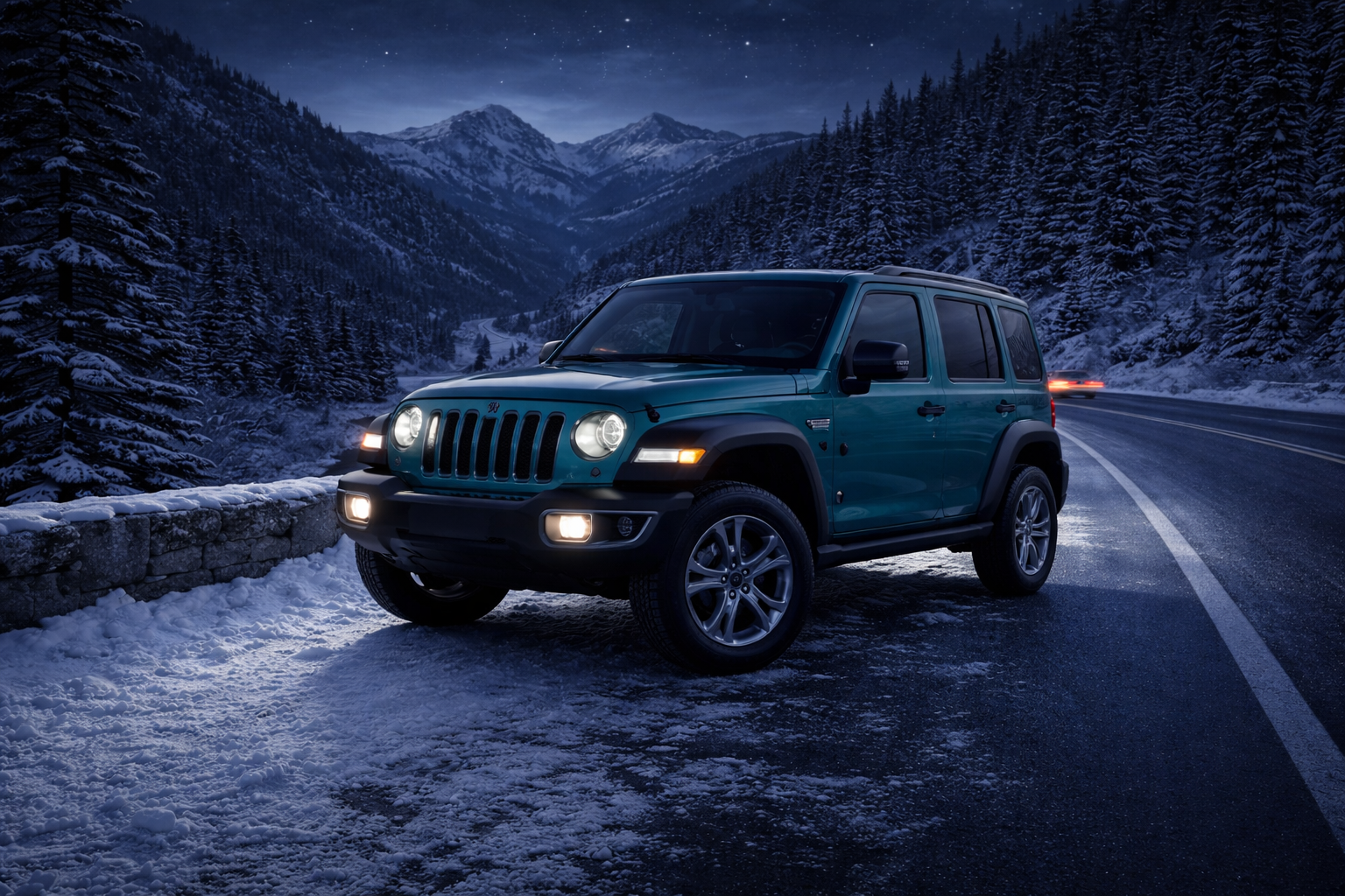 Joyryde Jeep Wrangler on a snowy Rocky Mountain road at night near Denver, Colorado